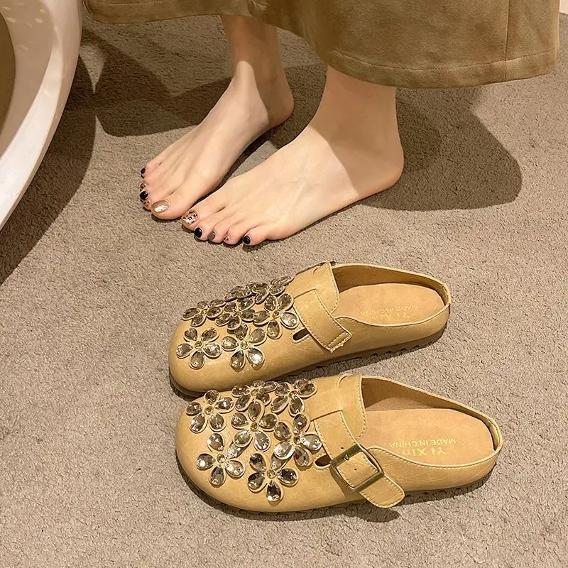 Slip On Mule Flat - Women's Floral Rhinestone Buckle Strap Closed