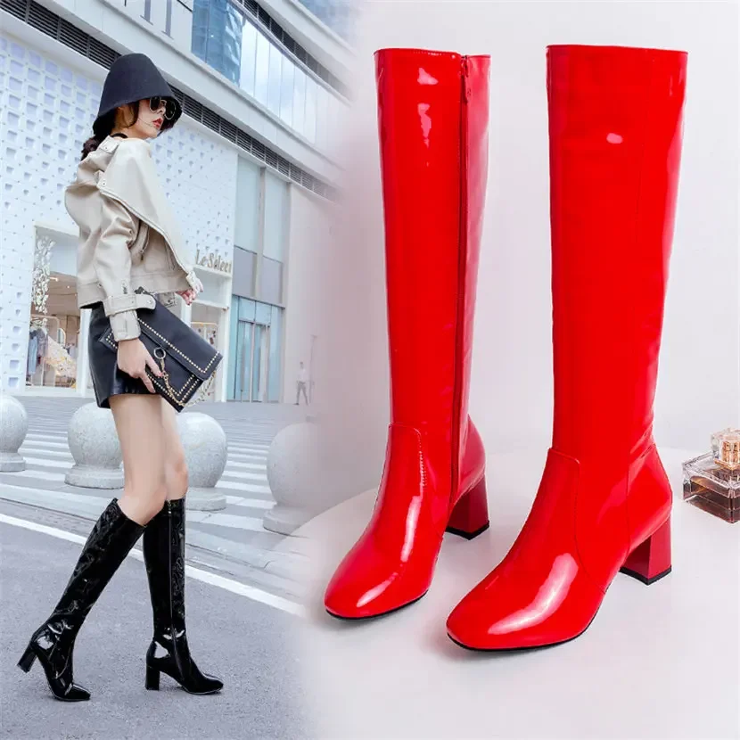 Red White Patent Leather Women - đánh giá và giá High Knee Heel Boots